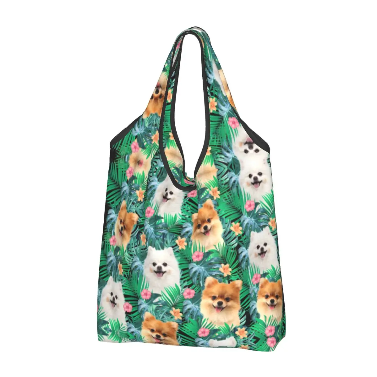 Bolsa de compras portátil Pet Spitz, reciclagem personalizada de cachorro Pomeranian com folha, sacola de compras para mulheres, sacola, verão