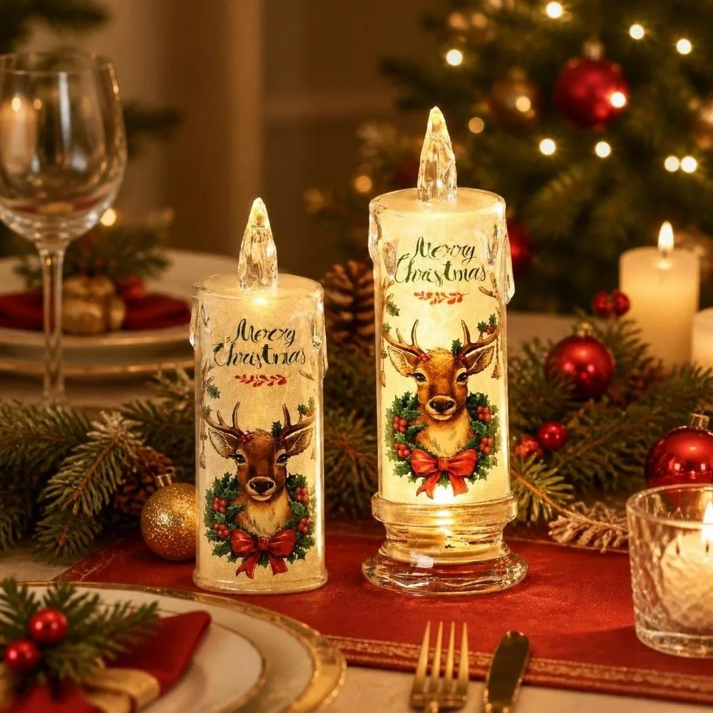 4PCS Flickering Christmas Flameless Candles Electric Cartoon Printed LED Pillar Candles Cute Convenient Lights Fake Candles