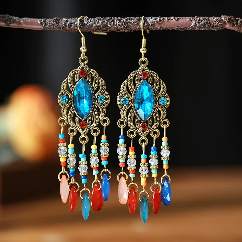 New Bohemian Ethnic Colorful Water Drop Tassel Earrings for Women Long Hollow Antique Gold Color Dangle Earring Pendientes Mujer