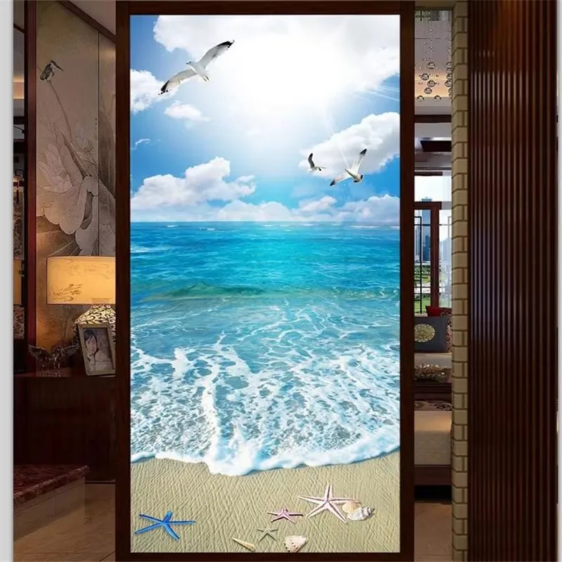 Custom wallpaper 3d mural blue sky white clouds beach seascape porch aisle background wall pillar arch European town landscape