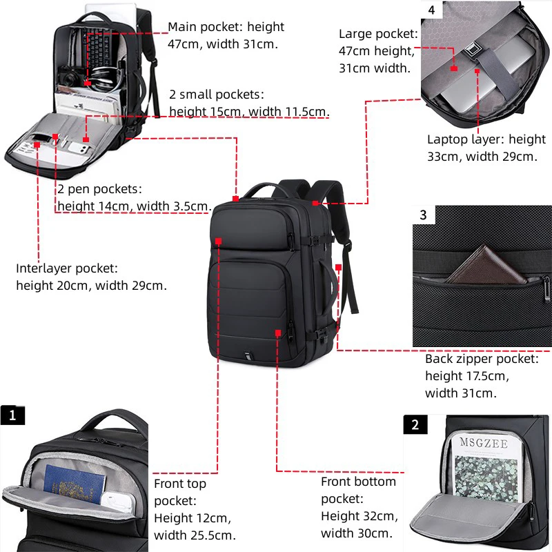 Mochila Laptop expansível para homens, saco impermeável para notebook, mochila USB, viagens esportivas, mochila de escola masculina, mochila para