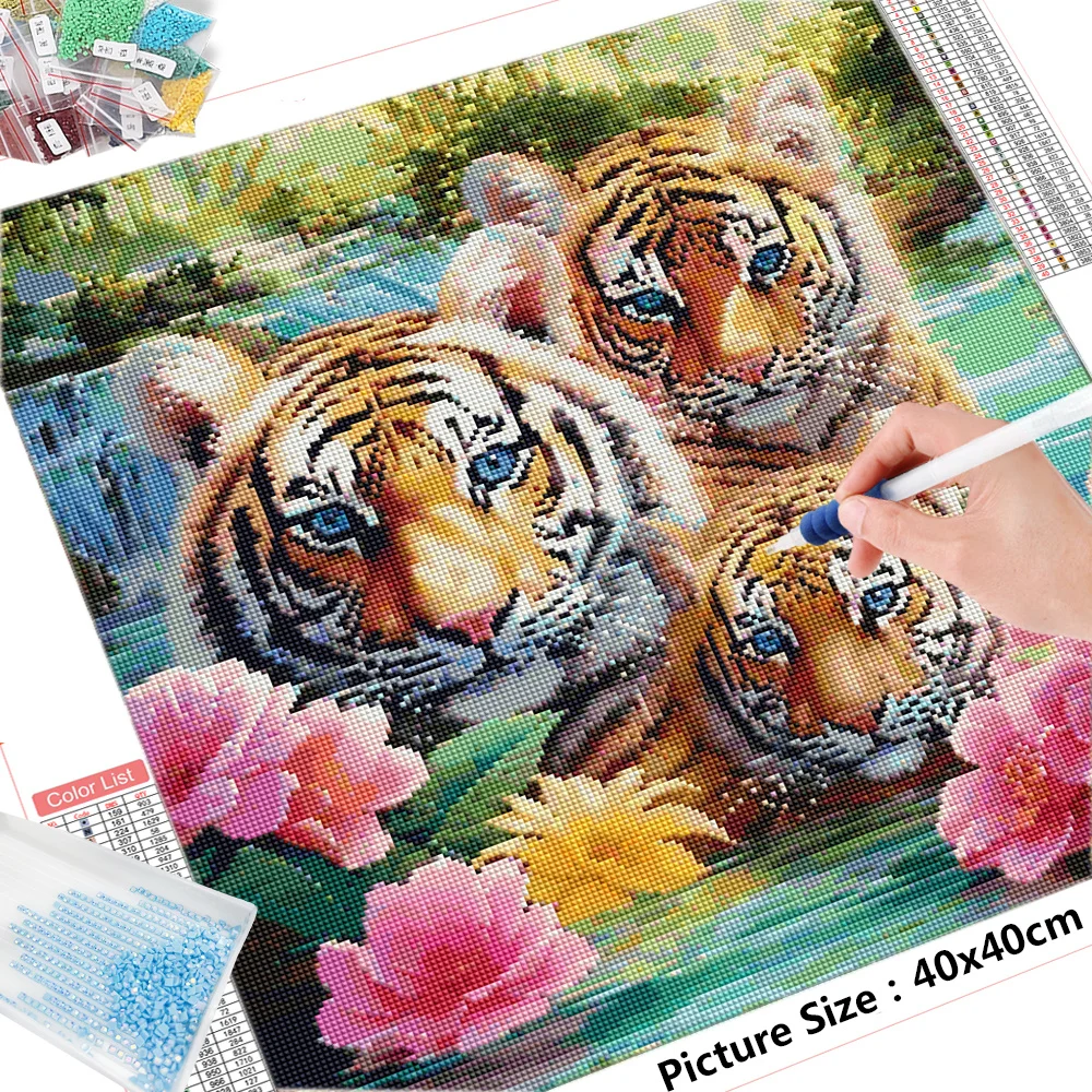 HUACAN Full Square Round Diamond Mosaic Tiger Cross Stitch Painting Animal Embroidery New Arrival Rhinestones Wall Decor