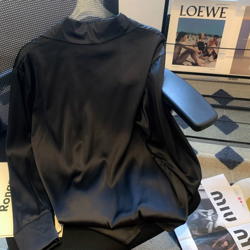 2024 New Summer Simplicity Elegant Fashion High Waist Women's Shirt Solid Color Loose Folds Button Lapels Long Sleeve Y2K Tops