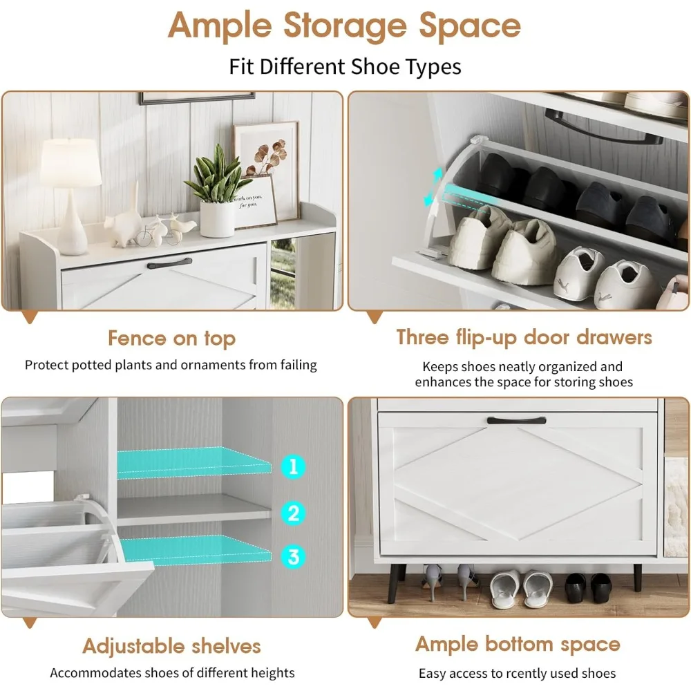 "خزانة أحذية ذات 3 أدراج مع مرآة وتخزين مخفي، وخزانة تخزين أحذية خشبية مكونة من 5 أرجل، ورف أحذية نحيف مع رف"