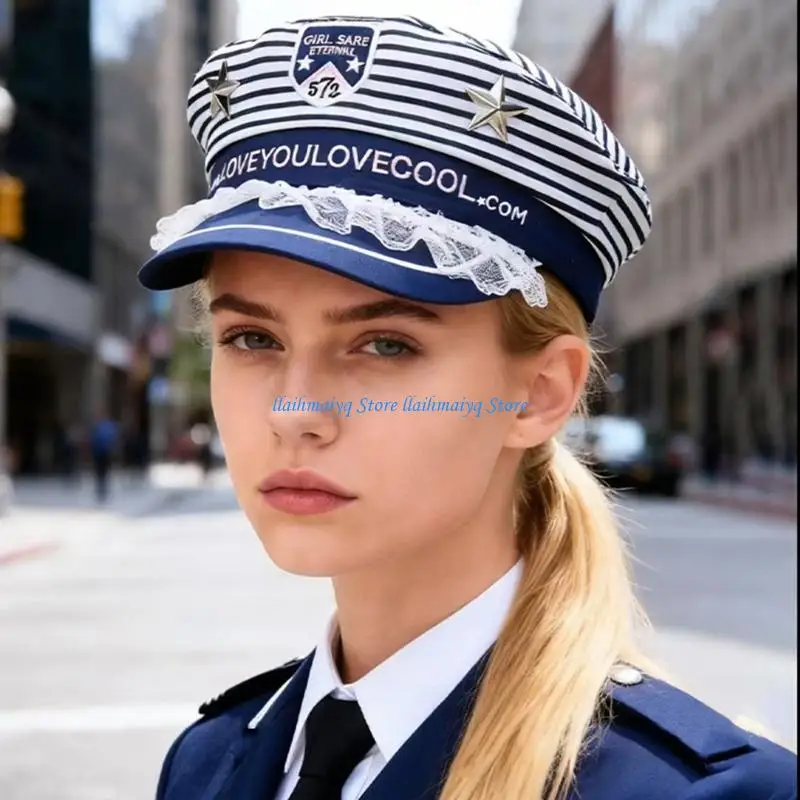 

573B Lace Blue White Stripe Polyester Hat For Stage Costume Parties