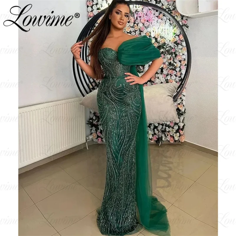 2024 Aso Ebi Green Evening Gown Women Sequins Beaded One Shoulder Arabic Prom Dresses With Train Custom Made Wedding Party Dress