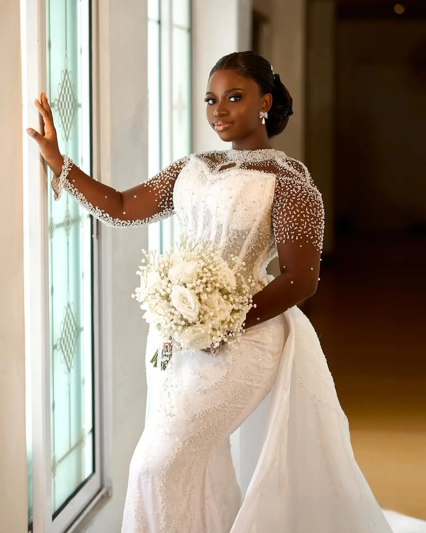 Robe de mariée africaine personnalisée, grande taille, avec traîne détachable, Illusion de sirène, col transparent, dentelle perlée, longue