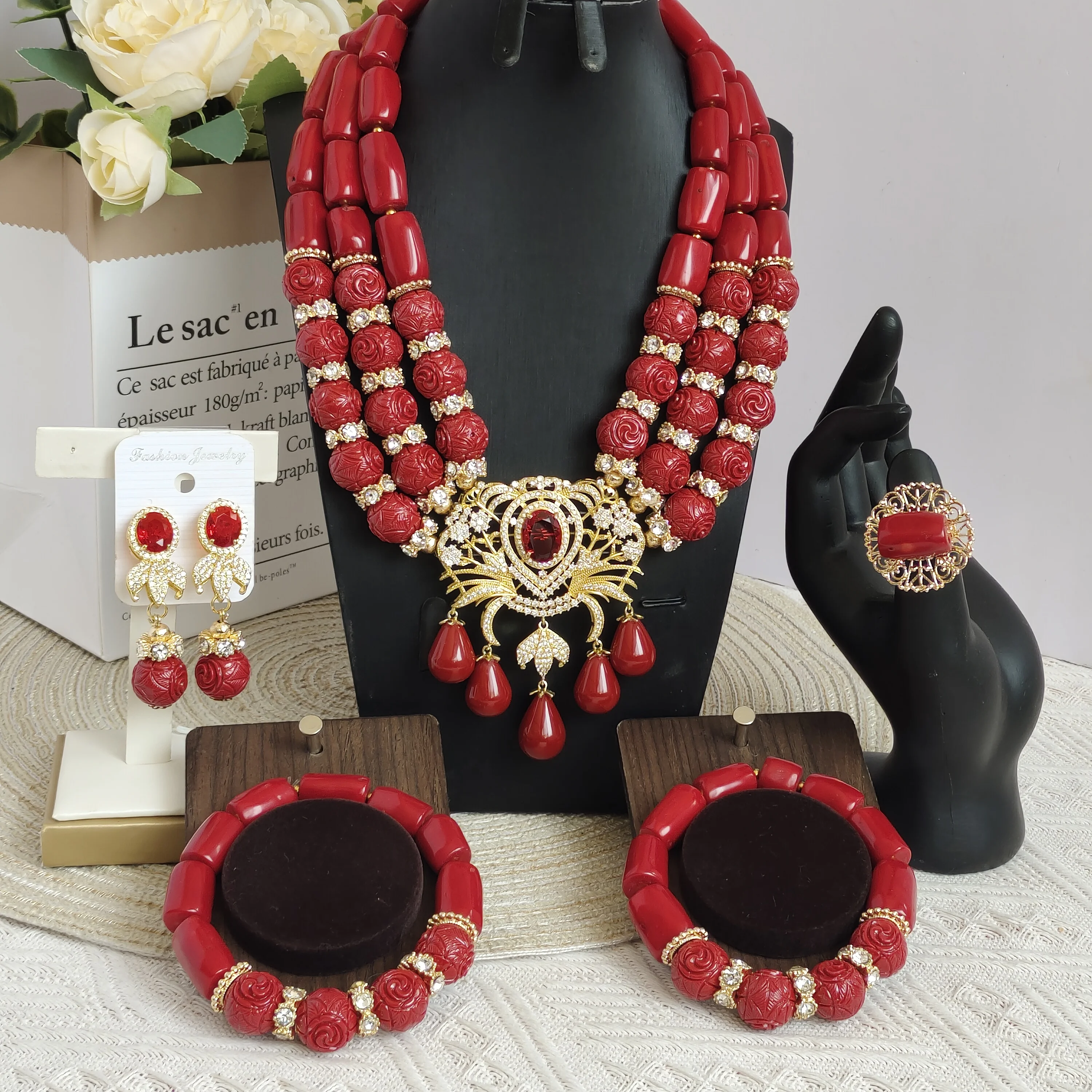 Red coral bead Igbo traditional wedding jewelry set