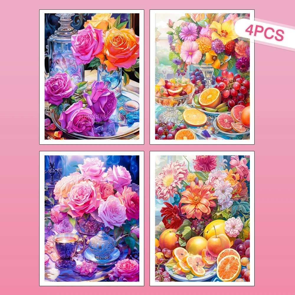 HUACAN 4-teiliges Diamant-Kunstset Neue Rosenblüte Heimdekoration Handarbeit Vollrunde Diamant-Mosaik Frucht Küche Landschaft Blumenmotiv