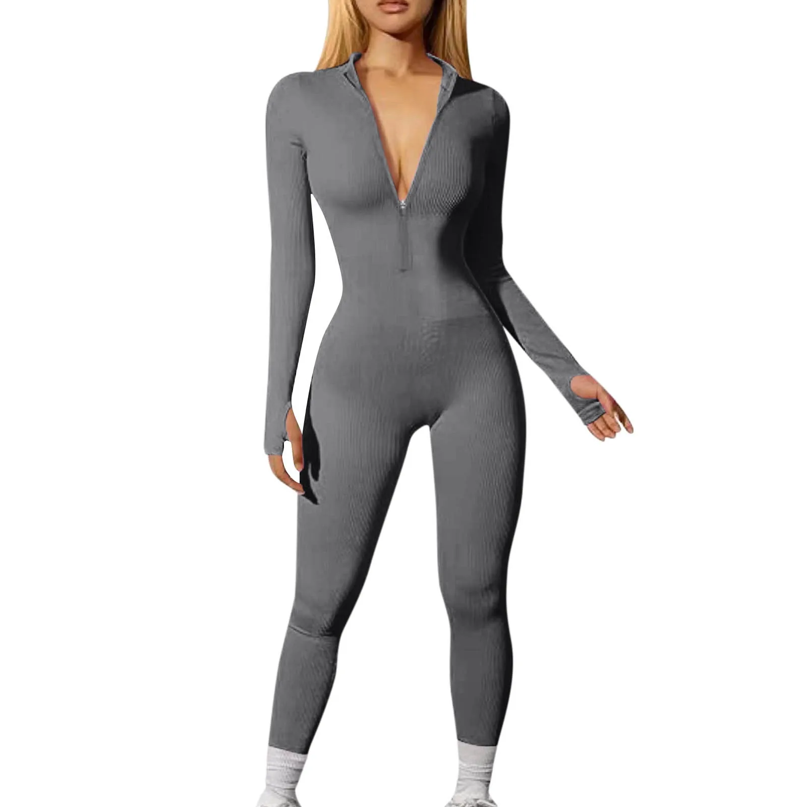 

Women'S Solid Jumpsuits Daily Yoga Sports Fitness Casual Slim Fit Tight Jumpsuits Long Sleeve Leaky Finger Zipper Jumpsuits