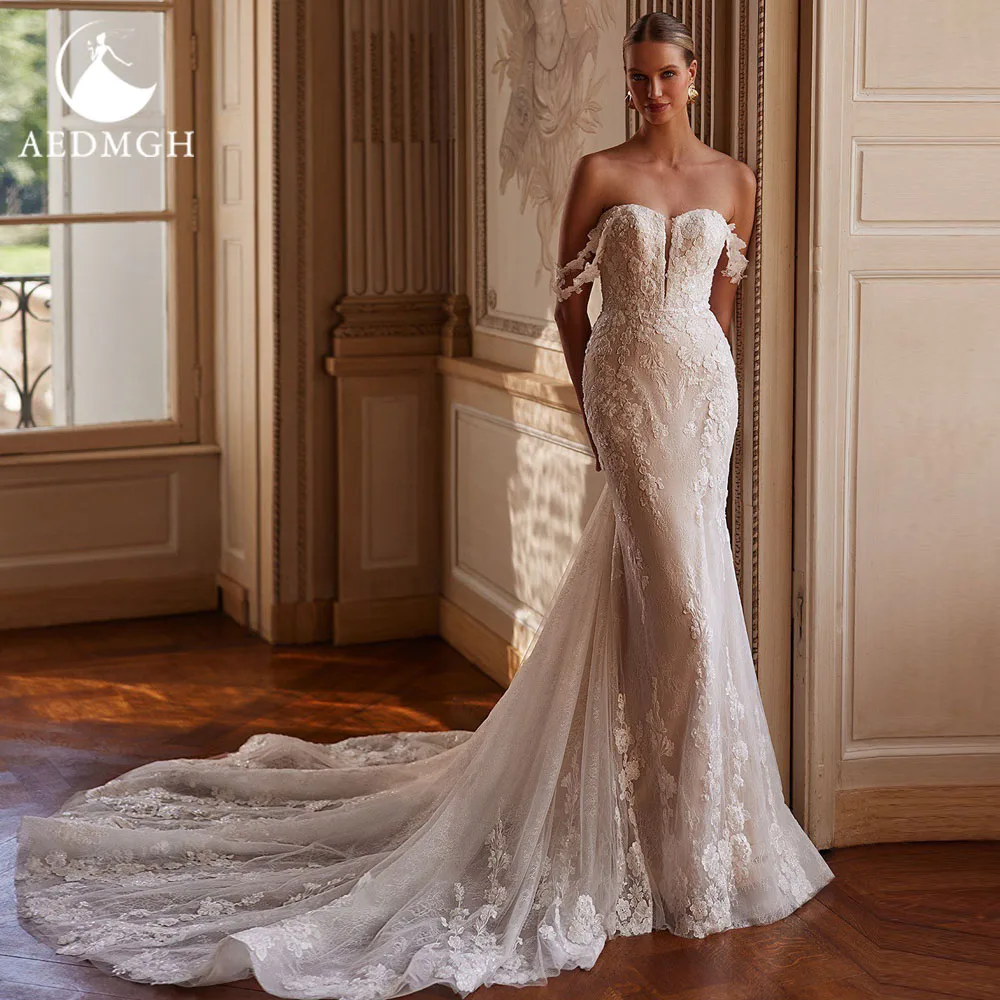 

Aedmgh Русалка Сексуальные свадебные платья с открытыми плечами и открытой спиной Vestido De Novia Кружевная вышивка Потрясающее свадебное платье на заказ