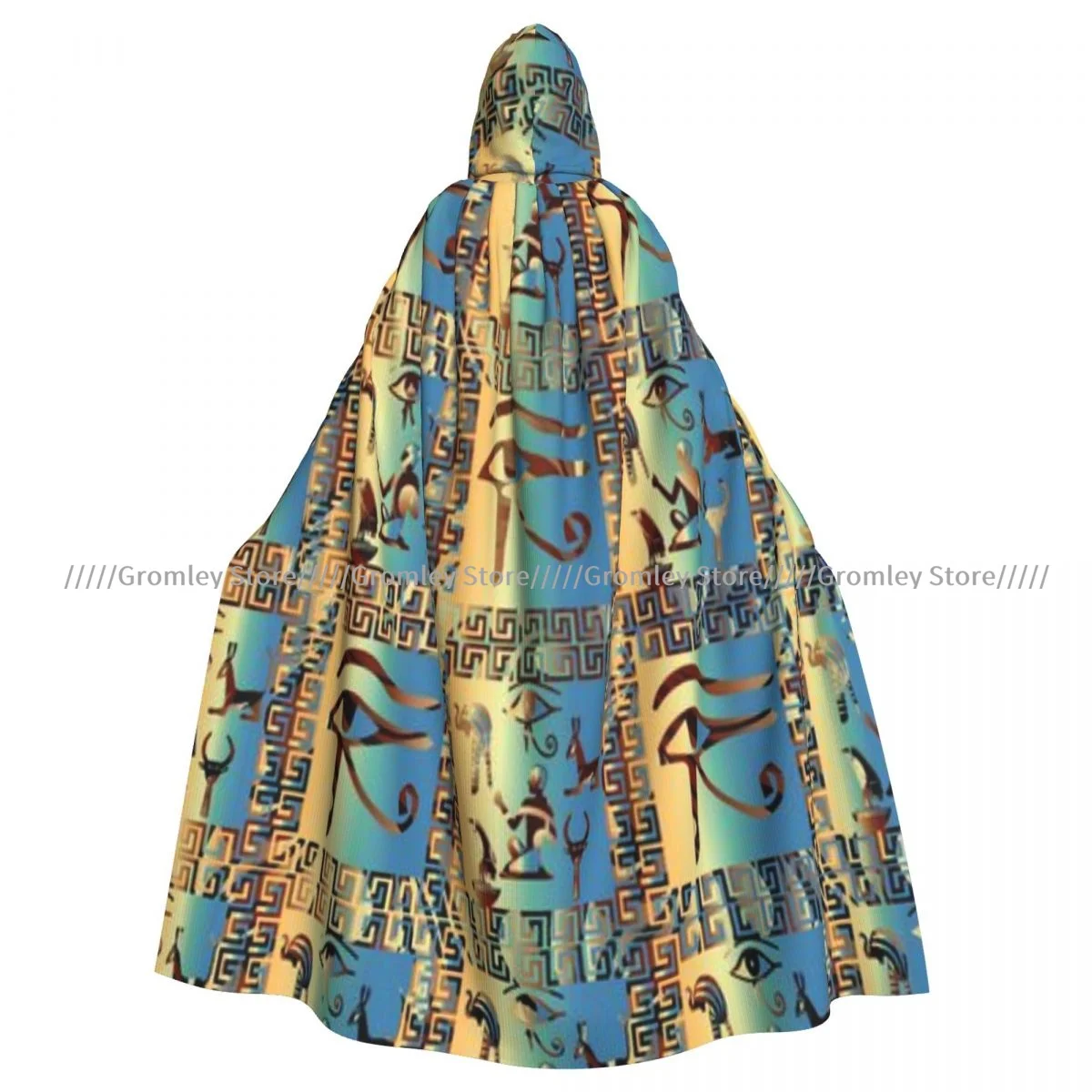 Unisex Halloween Cloak Egyptian Hieroglyphs African Ethnic Check Cape Hooded Medieval Costume Witch Wicca Vampire