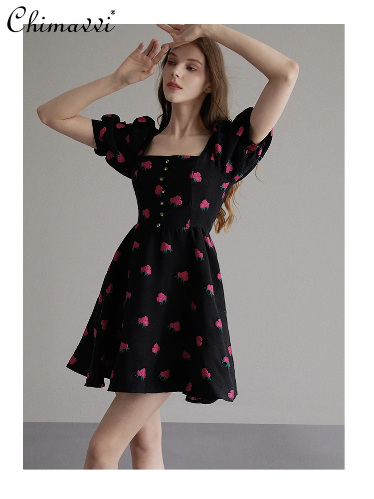 

French Elegant Vintage Princess Dress Square Collar Puff Sleeve High Waist A-line Slim Fit Sweet Embroidered Short Dress Women