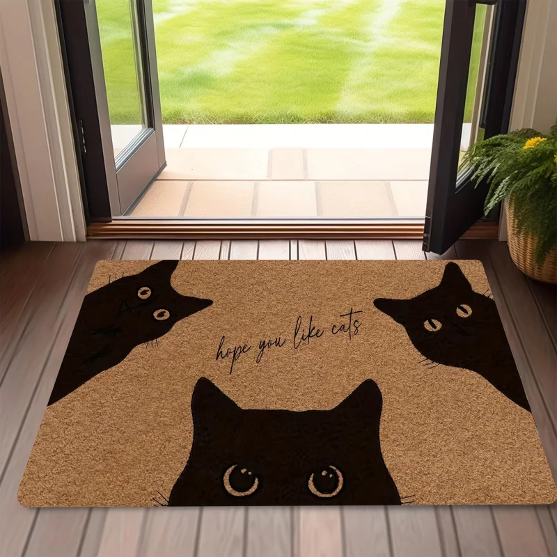 VIKAMA Three Black Cat Peeking Hope You Like Cats Pet Art Crystal Velvet Door Mat Non Slip Entryway Bedroom Living Room Home