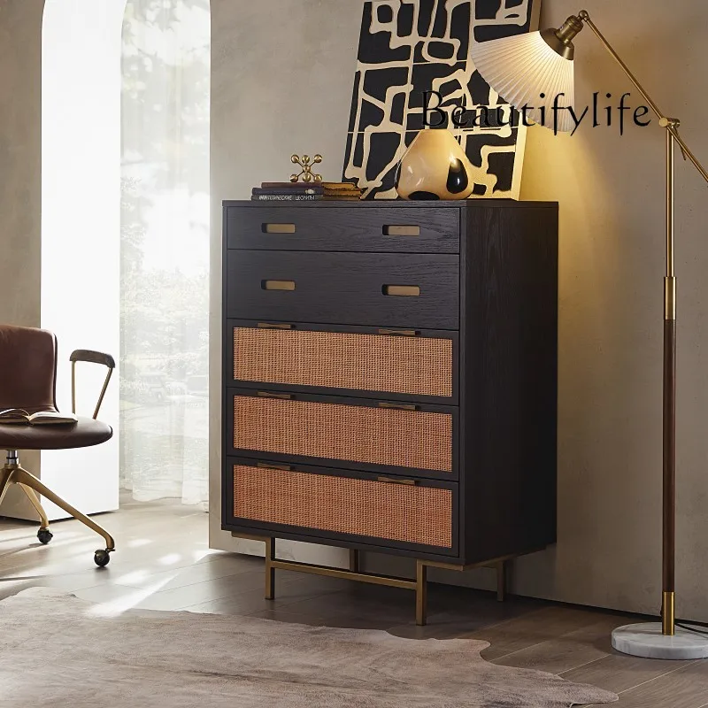 

Nordic Hallway Six-Drawer Side Cabinet Modern Simple Retro Retro Retro Solid Wood Rattan Chest of Drawers