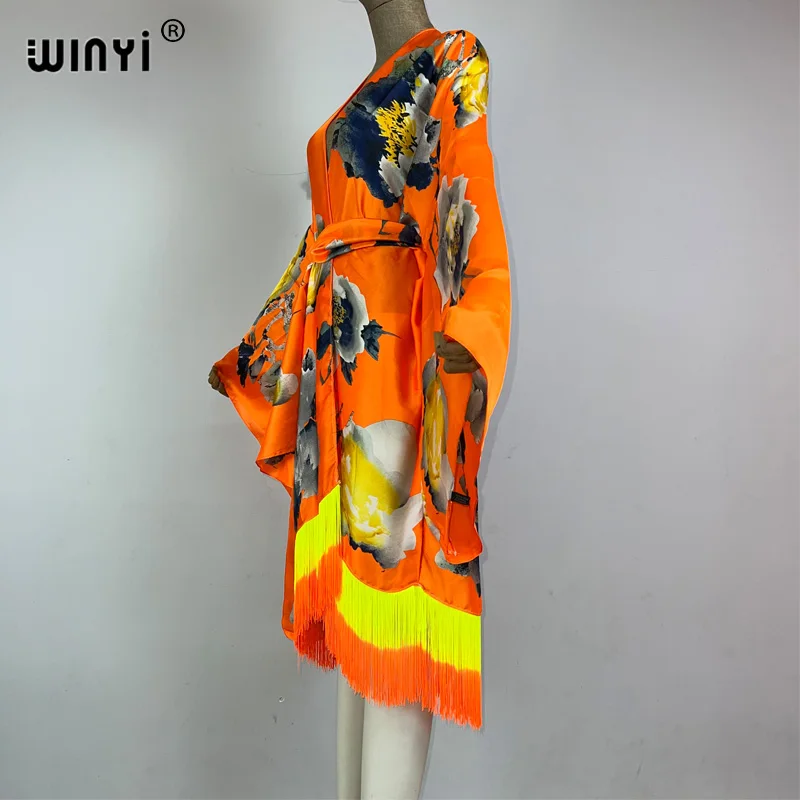 WINYI kimono moda boho letnie stroje plażowe letnie artystyczny nadruk osłona do Bikini sweter seksowne wakacje z długim rękawem sukienka z frędzlami