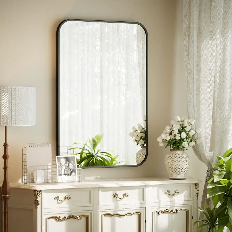 

20 x 28 Rectangular Aluminum Alloy Frame Wall Mounted Bathroom Mirror with Rounded Corners, Black