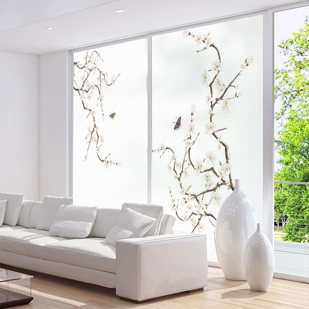 Plum Blossom Pattern Privacy Glass Window Flim Glue-Free Static Cling Frosted Glass Door /Window Sticker for Home Decoration