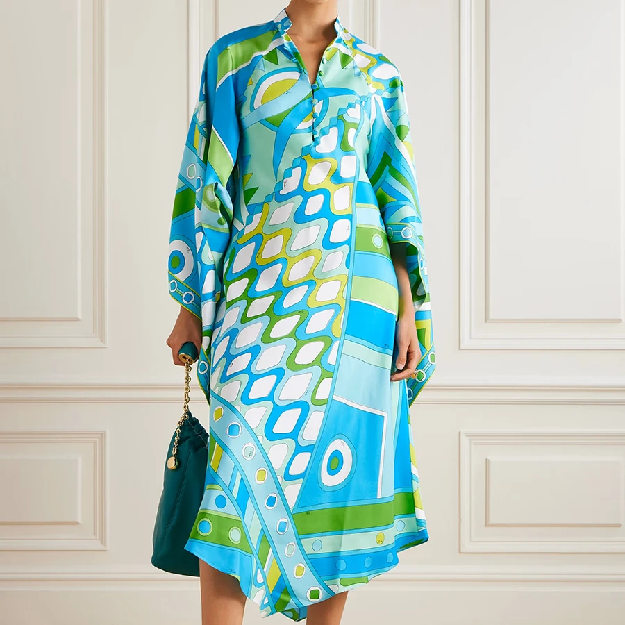 Moda botão gola bohe vestido outono feminino férias vestido irregular elegante senhora solta alargamento manga longa vestido de praia