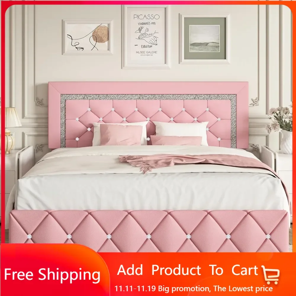 Full Size Bed Frame, Upholstered Platform Bed with Button Tufted Headboard - Princess Platform Bed with Crystal Design