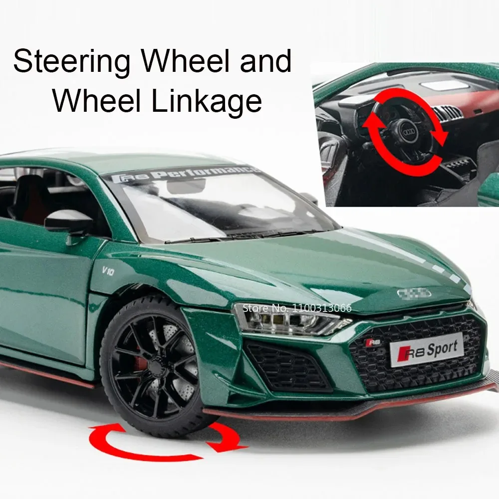 1:24 R8 V10 Legering Speelgoed Auto Model Diecast Metal Body Geluid Licht Trek Rubberen Banden Voertuig voor Jongens Verjaardag Verzamelen Geschenken