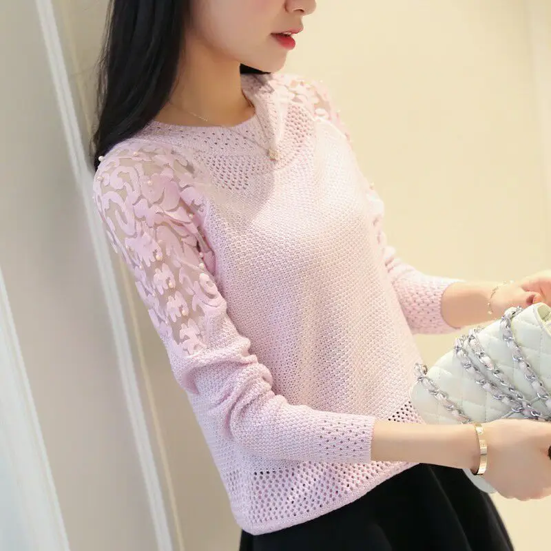 Spring and Autumn Women\'s Pullover Round Neck Hollow Knitted Lace Mesh Beaded Sweater Loose Bottom Fashion Long Sleeve Tops