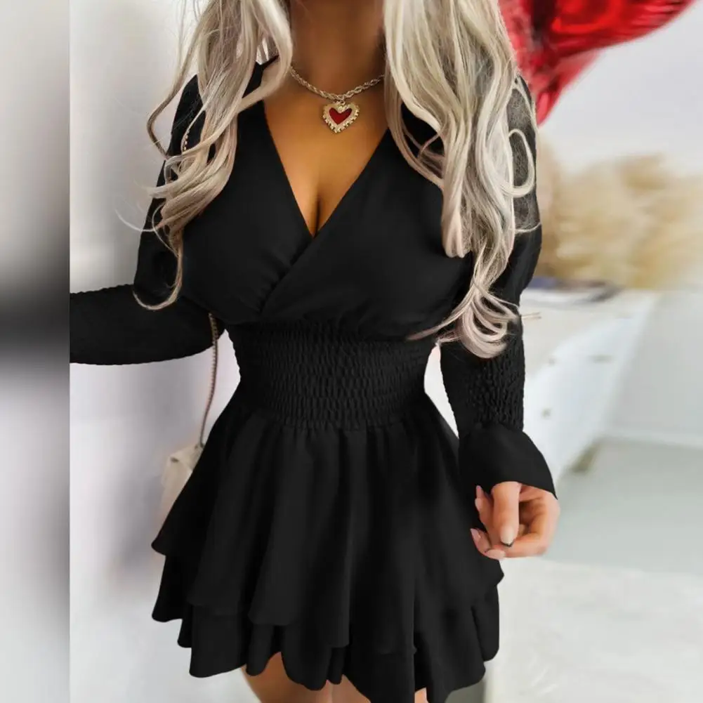 Casual Loose Fit Dress Elegant Deep V Neck Ruffle Hem Evening Dress for Women Solid Color Long Sleeve High Waist for Special