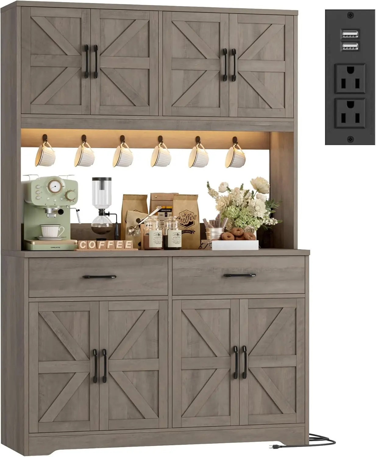 

Tall Kitchen Cabinet with LED Lights, Charging Station, 47.2' Wide Hutch with Countertop and 6 Hooks, Grey