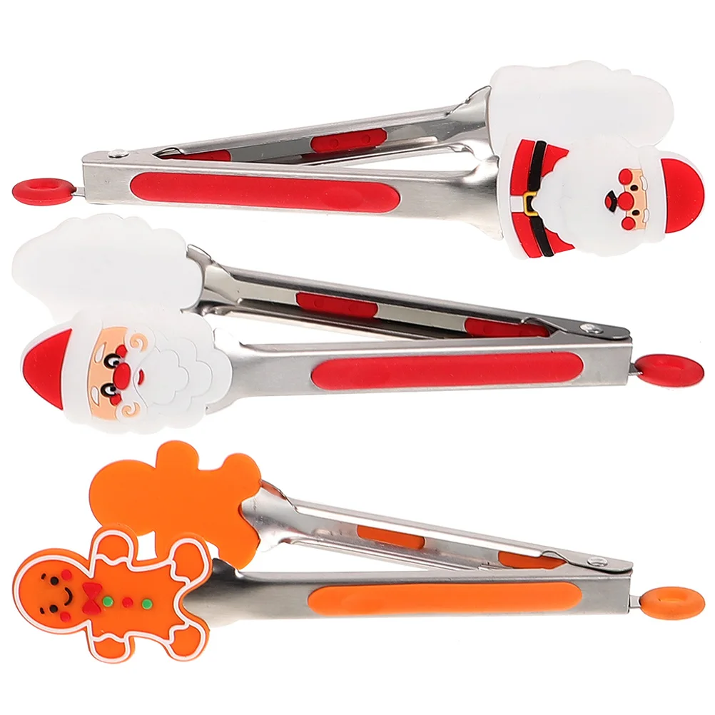 

3Pcs Food Clip Stainless Steel Tongs Kitchen Cartoon Silicone MultiFunction BBQ Steak AntiSlip Lightweight Storage AntiScald