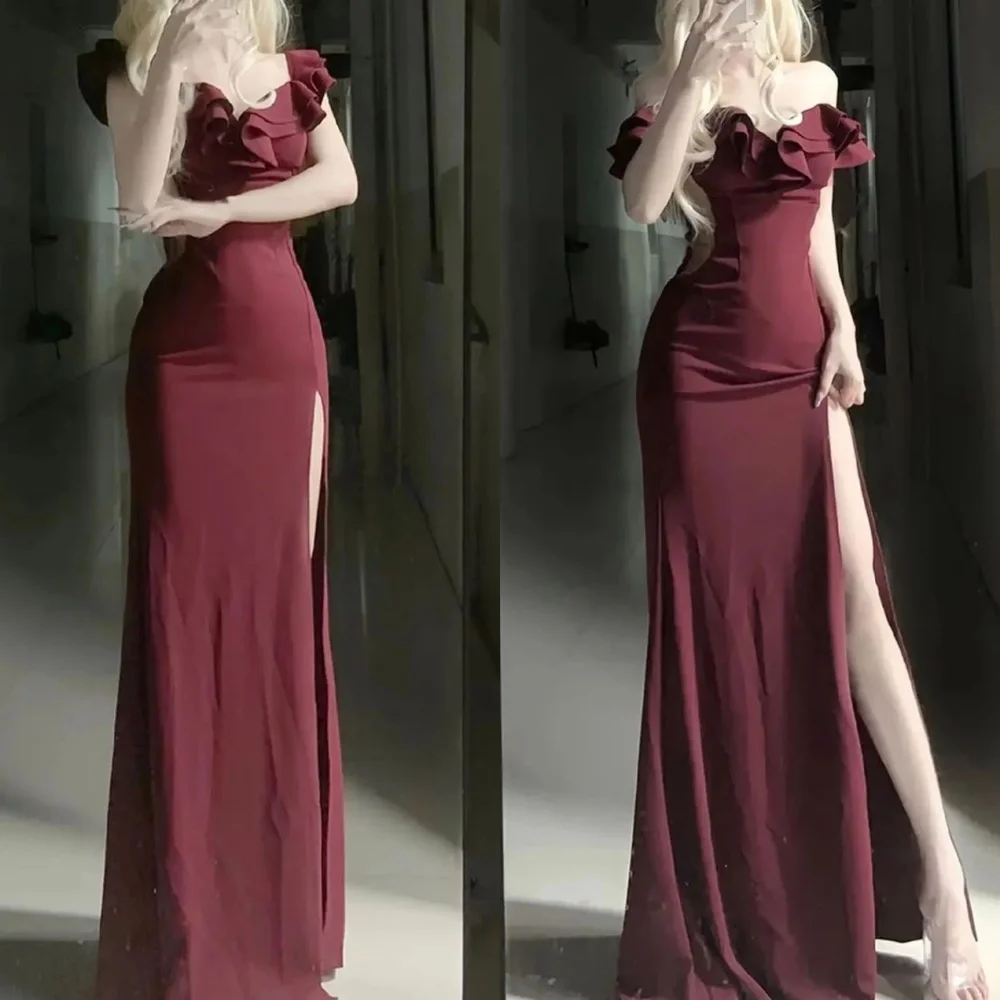 Yipeisha Simple Off-the-shoulder Sheath Floor Length Evening Dresses Layered Chiffon Customized 