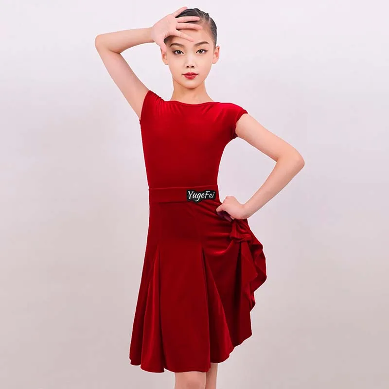 

Children Latin Dance Costume Girls Samba Performance Stage Wear Rumba Competiton Suit Velvet Round Neck Top Ruffled Skirt DL1183