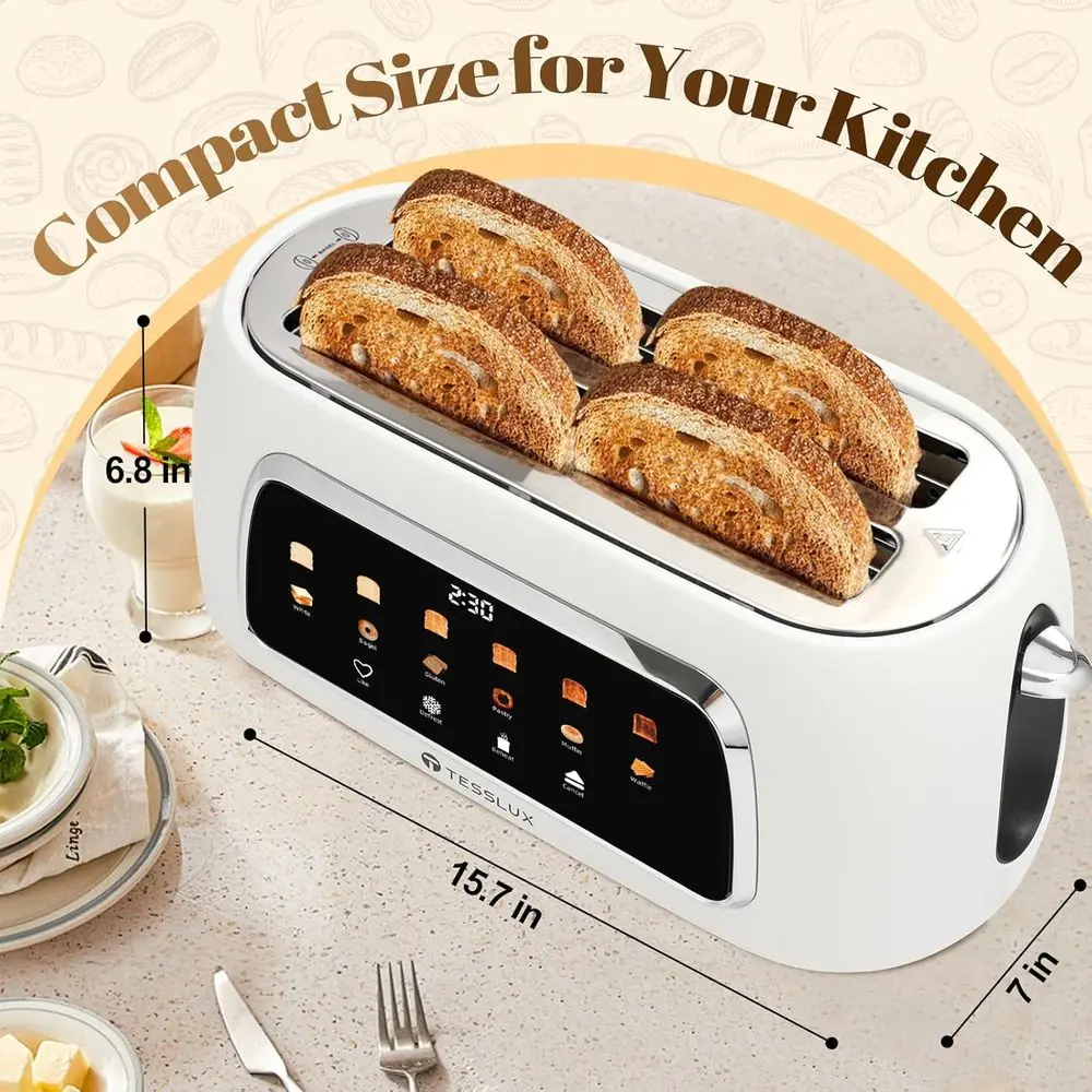 4 Slice Toaster with Touch Control, 1.5 Wide Slots, 6 Levels & 6 Bread Types, Digital Timer, Memory, Reheat (WHITE)