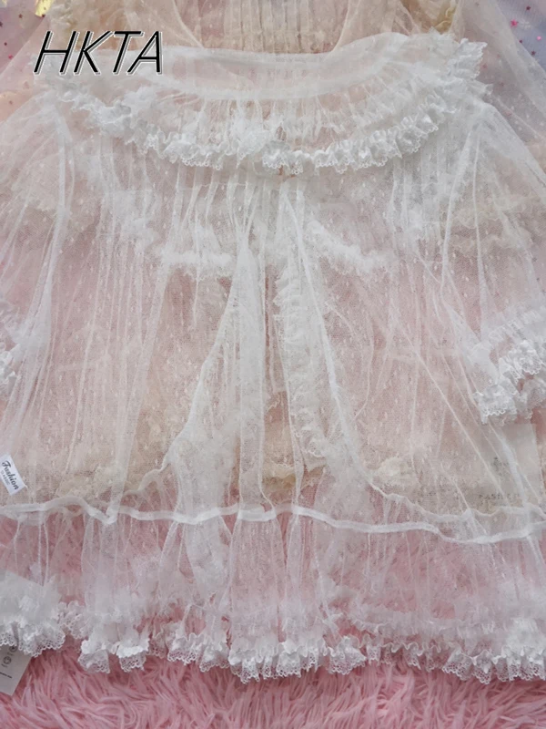 Lolita – chemise en dentelle à manches courtes, maille légère, fine, pour étudiantes, bord feuille de Lotus, ample, douce et mignonne, protection solaire pour femmes