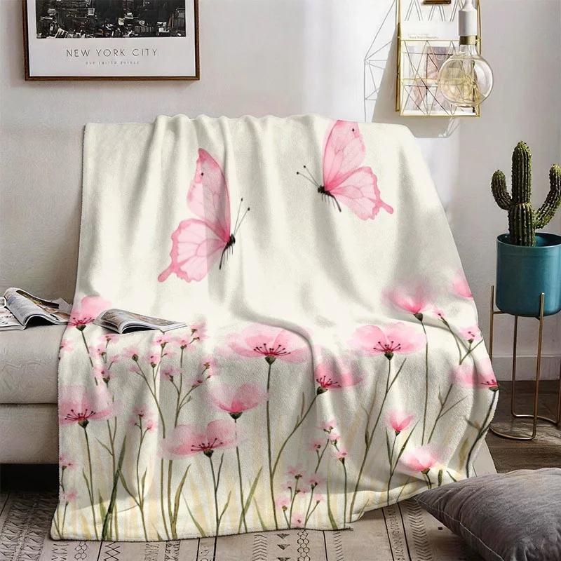 Blush Pink Floral Butterfly Print Throw Blanket Decorative Cozy Sofa Couch Lapghan Knit Throw Fleece Gift for Bed Home Decor