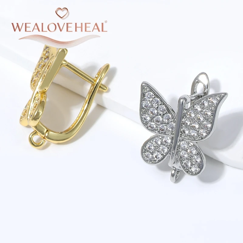 schmuckherstellung zubehör, Niedliche 18K vergoldete Messing-Ohrringhaken mit funkelndem Schmetterling, Pavé-CZ-Ohrdrahtverschlüsse für DIY-Schmuckherstellung – Detail 18