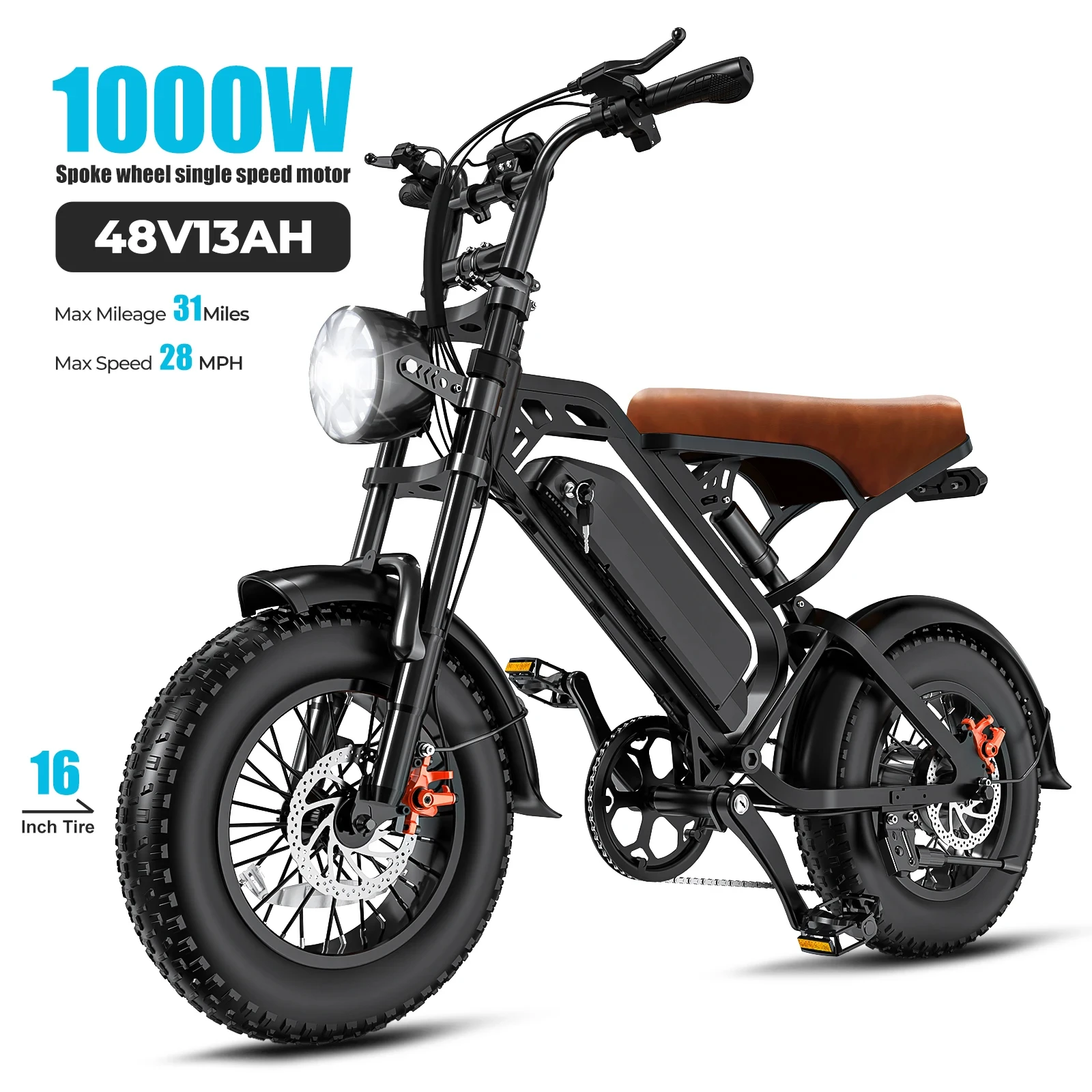 

Внедорожный электрический велосипед Treeosor мощностью 1000 Вт со съемной батареей 48 В, 13 Ач, 30 миль в час, шина 16 x 4 дюйма, горный электронный велосипед для вездехода