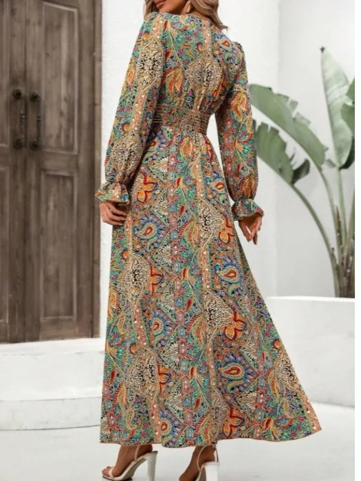 เดรสยาวพิมพ์ลายหัวใจทรงวีเข้ารูป ดีไซน์ใหม่สไตล์เรโทรลายดอกไม้ ช่วยกระชับเอว