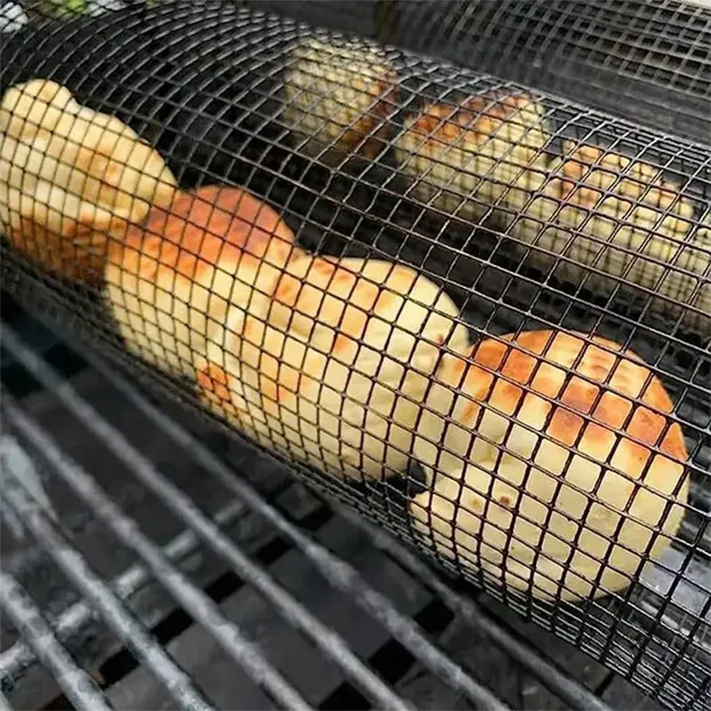 Parrilla de barbacoa al aire libre, cesta cilíndrica de acero inoxidable, Red de desplazamiento portátil, redonda, utensilios de cocina, barra de Camping