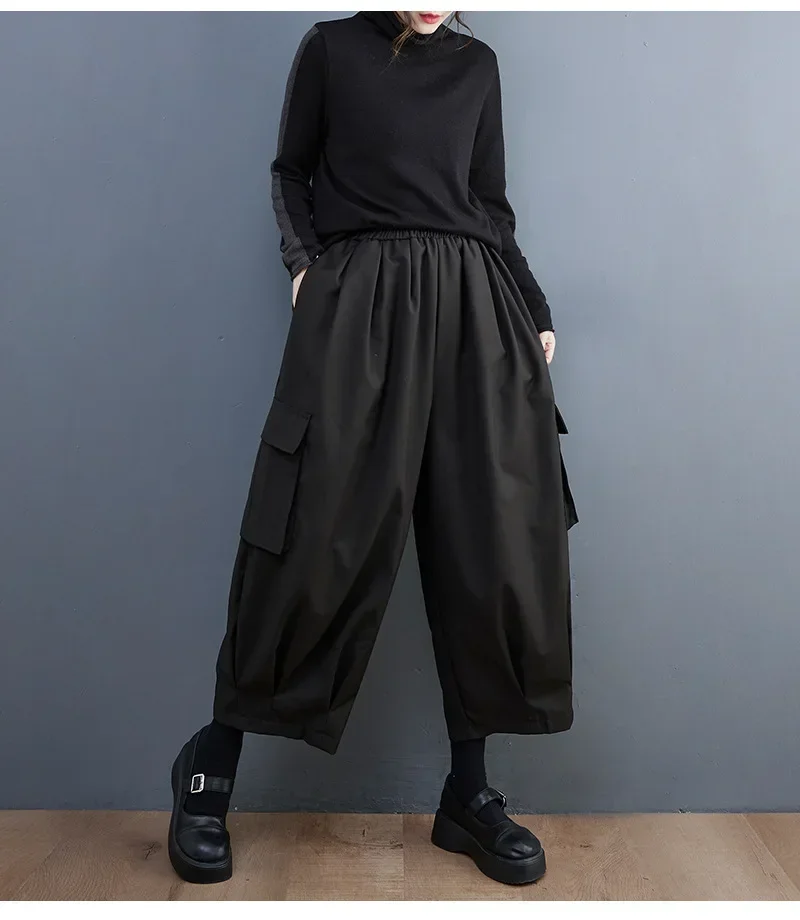 Spring Summer New Black Vintage High Elastic Waist Oversized Cargo Pants Women Loose Casual Pocket Fashion Ladies Trousers