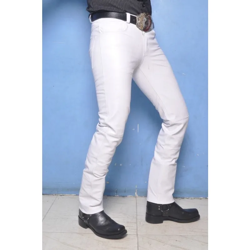 Pantalones de cuero genuino para hombre, pantalón de piel de cordero, color blanco