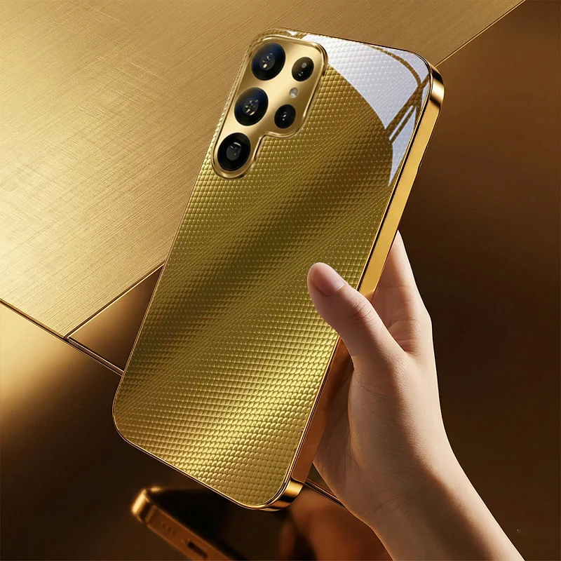 Golden grid ripple pattern glass phone case suitable for Samsung Galaxy S26 S25 S24 S22 S21 S20 FE/Ultra/Plus hard case