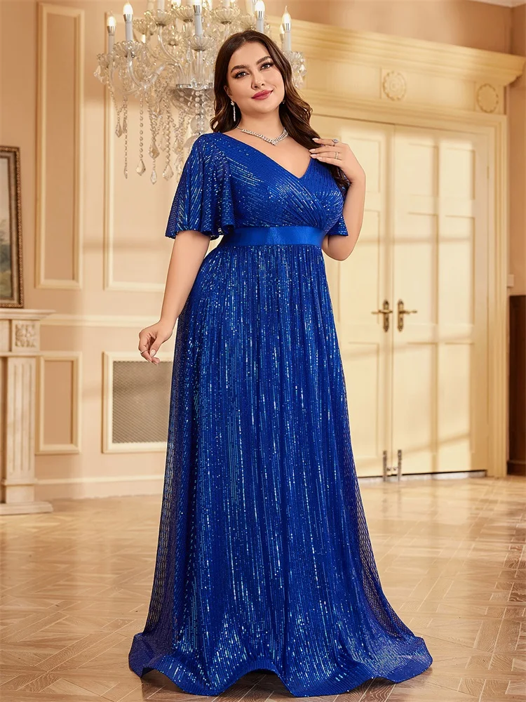 Lucyinlove Plus Size Luxury V-Neck Short Sleeves Formal Evening Dress Women Sequins Wedding Party Prom Maxi Cocktail Dress Gown