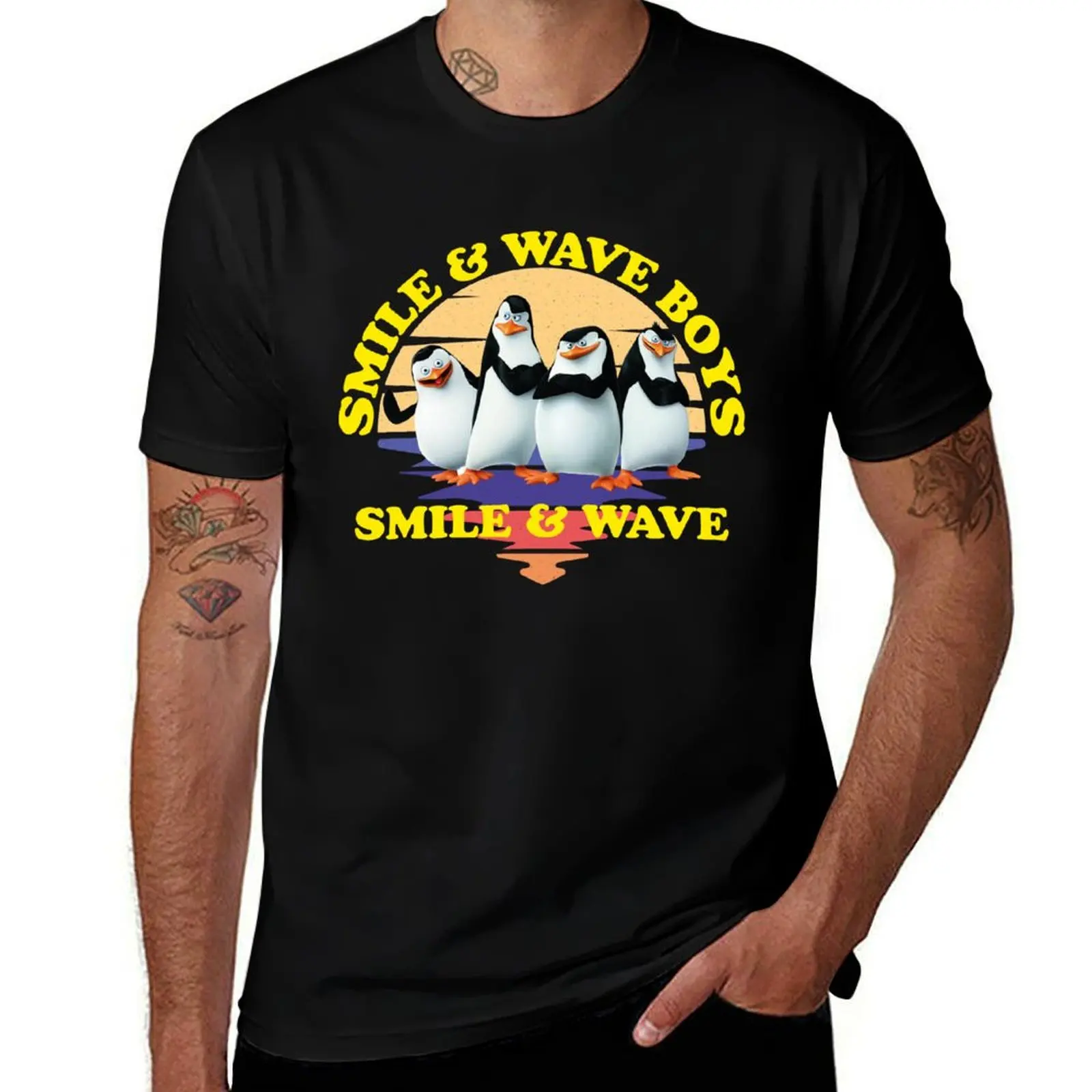 

Madagascar Penguins Smile And Wave Sunset Text Poster V3 T-Shirt anime figures for a boy blue archive men t shirts high quality