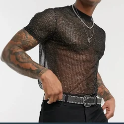 Sexy Men's T-Shirt Ultrathin Mesh Transparent Blouse Shiny Nightclub Tops Party Bottoming Shirt Hollow See Through Lingerie