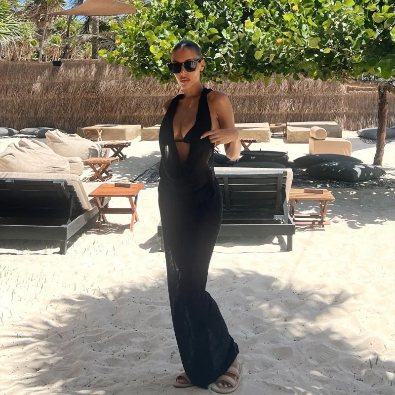 Robe Maxi transparente à capuche pour femmes, Sexy, attrayante, dos nu, col oscillant, façonnant le corps, vacances, nouveau Coeuqtte moulante