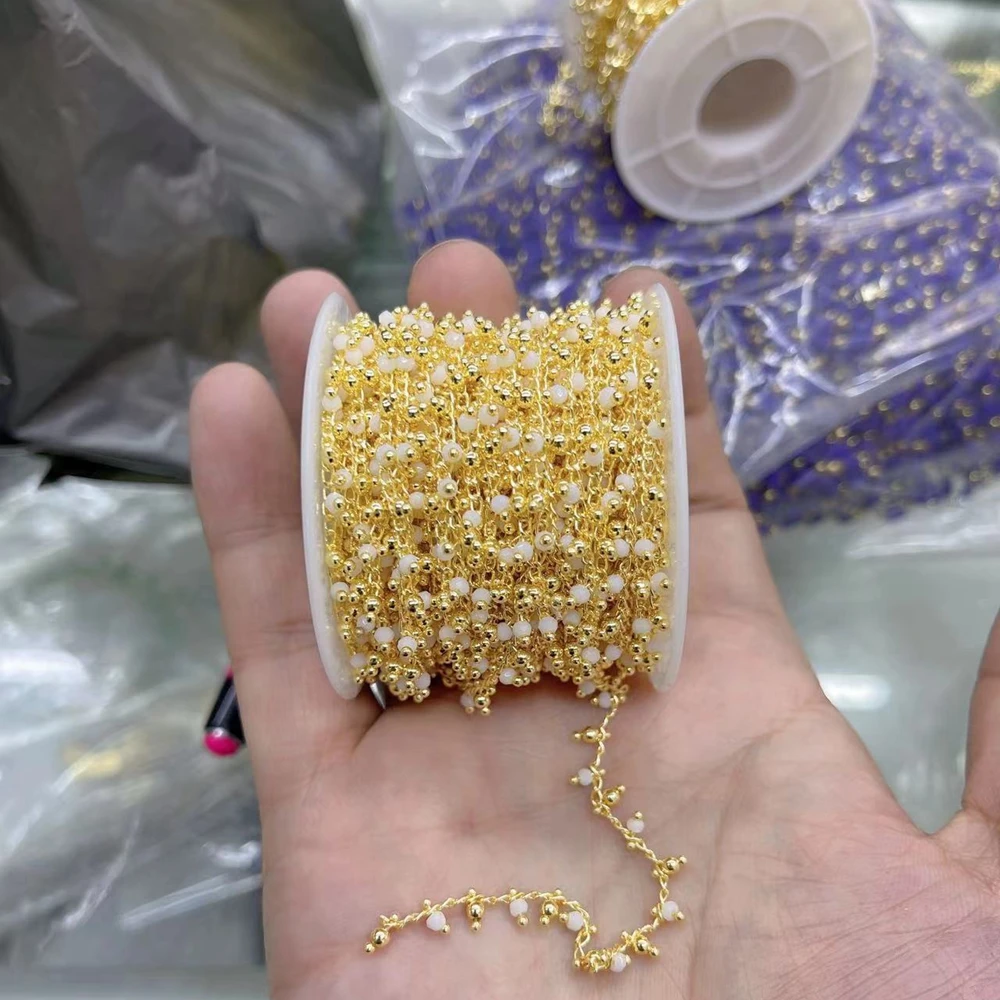 

5 Meters, Faceted Crystal Glass Beads Gold Color Brass Chain Bulk for Craft DIY Jewelry Making Accesspries