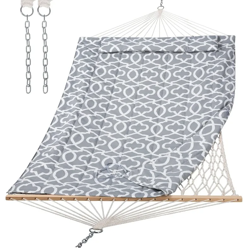 

Hammock with Hardwood Spreader Bar, Double Rope Hammock with Polyester Pad, Grey