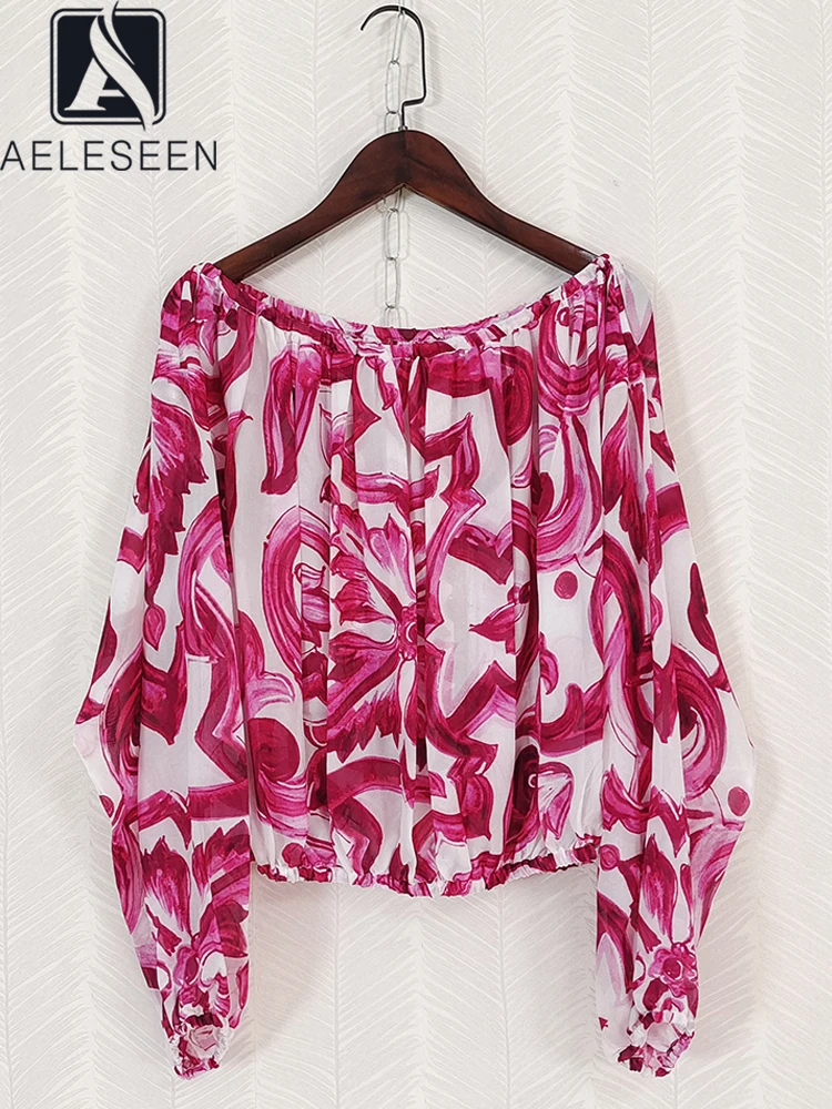 

AELESEEN Runway Fashion Women Summer 100% Silk Shirt Red Printed Lantern Sleeve Slash Neck Elastic Loose Party Holiday Blouse