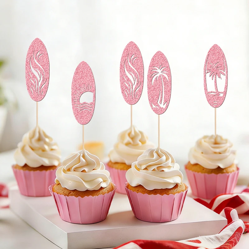NUBECOM 24 Stück Surfbrett-Cupcake-Topper, glitzernde Sommer-Surfbrett-Kuchenaufsätze für Duschpartys und Dekorationen – Detail 8