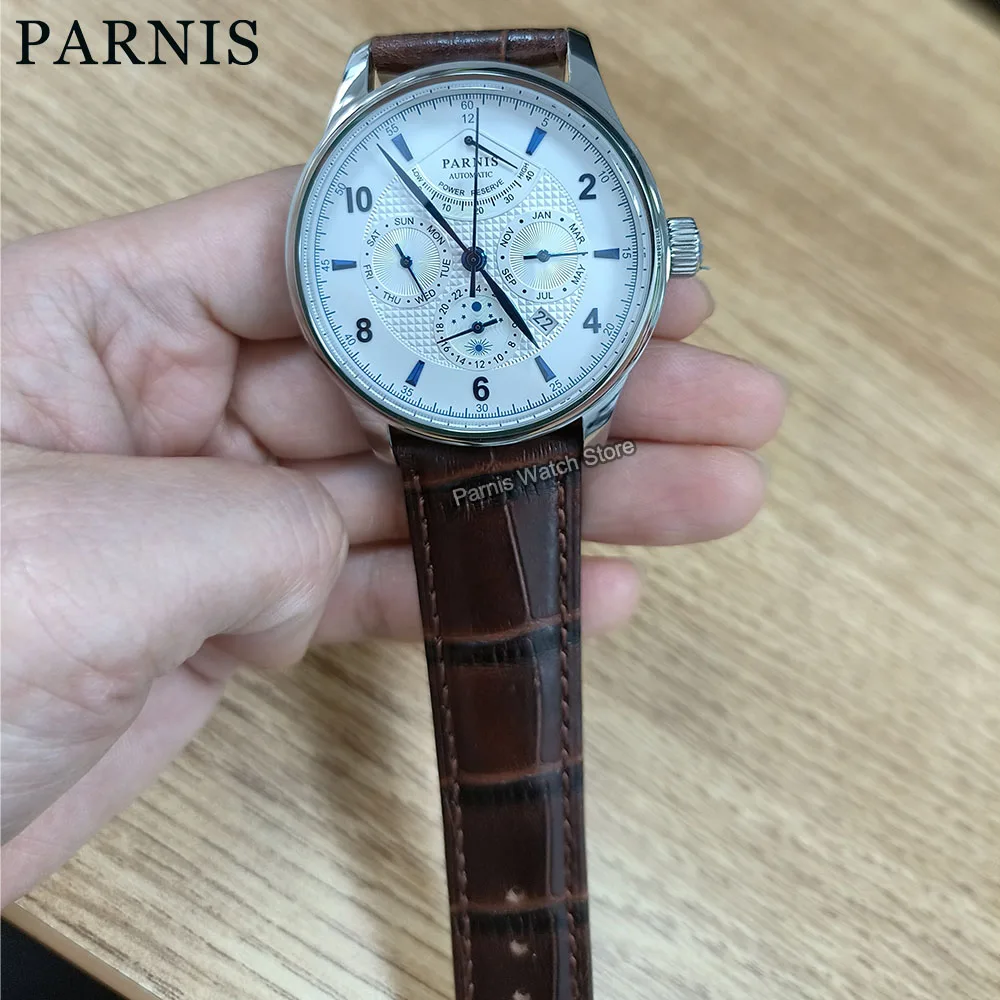 Parnis 43mm Miyota 9100 Power Reserve Automatic Men's Watch Week Month Show Date Day 24-hours